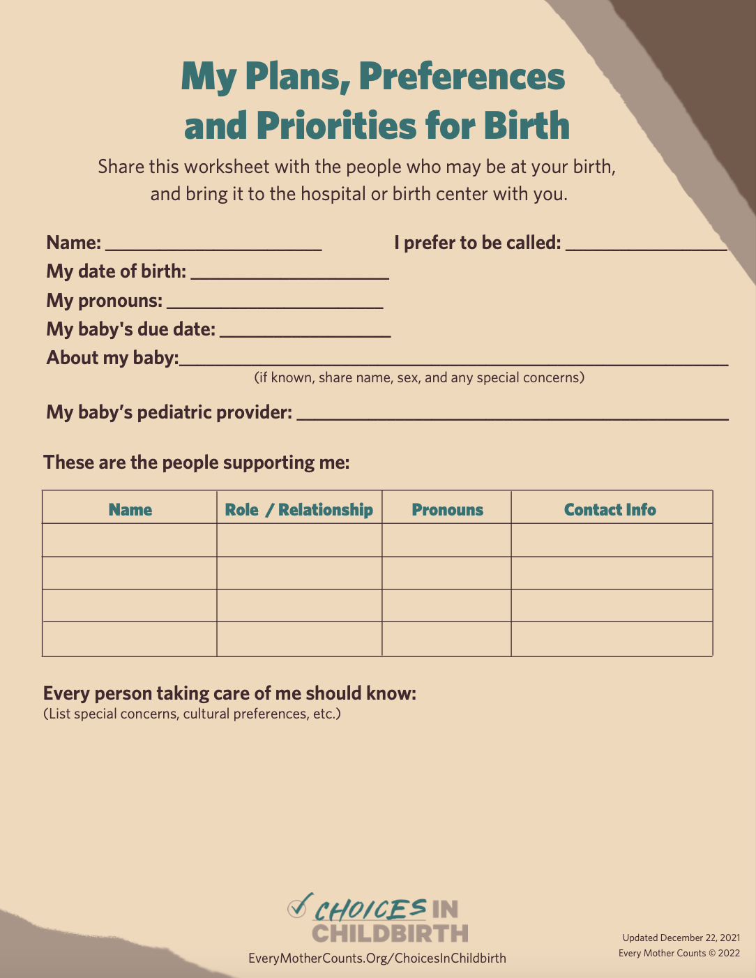 My Plans, Preferences, and Priorities for Birth